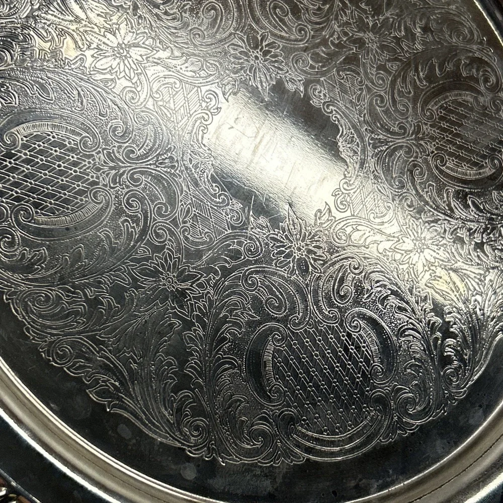Vintage Leonard‎ Silver Plate Round Etched Floral Serving Tray Gadroon Rim